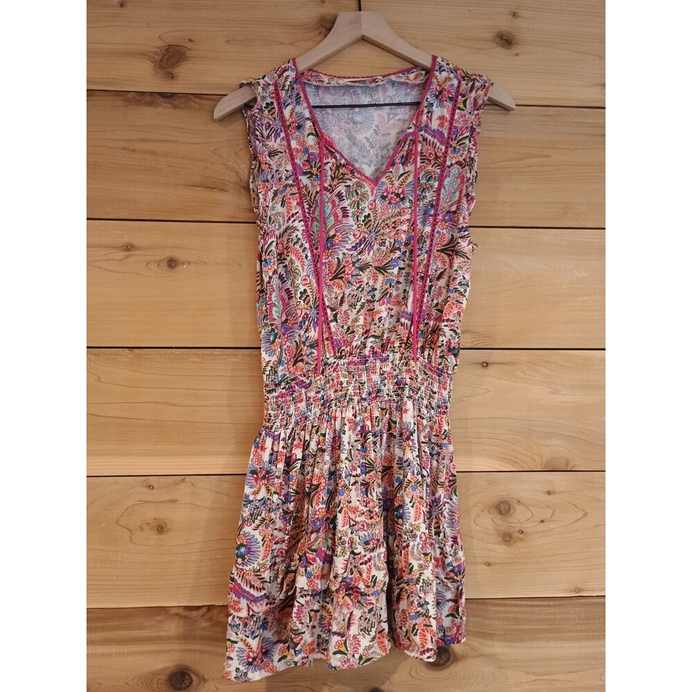 Natural Life Lyla Smocked Mini Dress Medium Pink Floral Ruffle Sleeveless Tunic